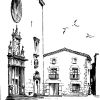 Dibuix de 1954 de Lluís Medir amb les façanes de l’església parroquial de Palafrugell i de can Rosés, Arxiu Municipal de Palafrugell (Text 5)