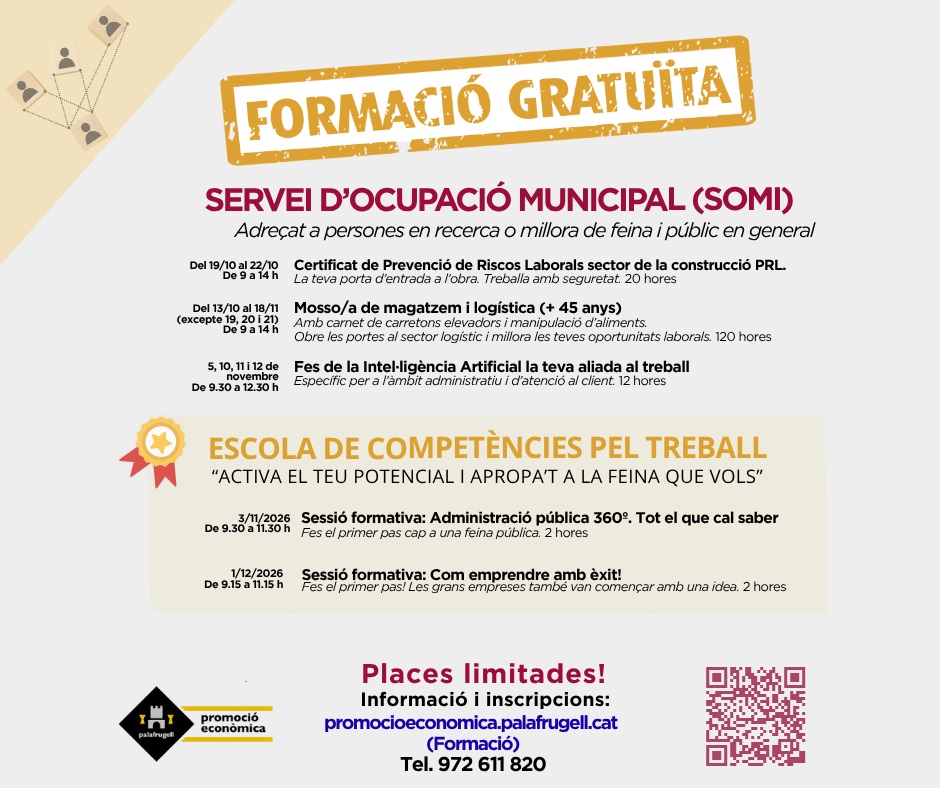 Nova oferta de cursos gratuïts del Servei d’Ocupació de Palafrugell per a aquesta tardor