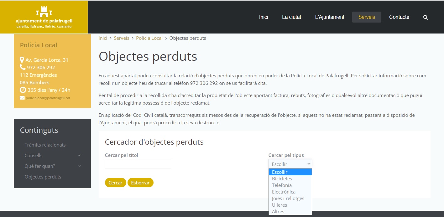 Apartat objectes perduts dipositats a la Policia Local, web municipal, Ajuntament de Palafrugell